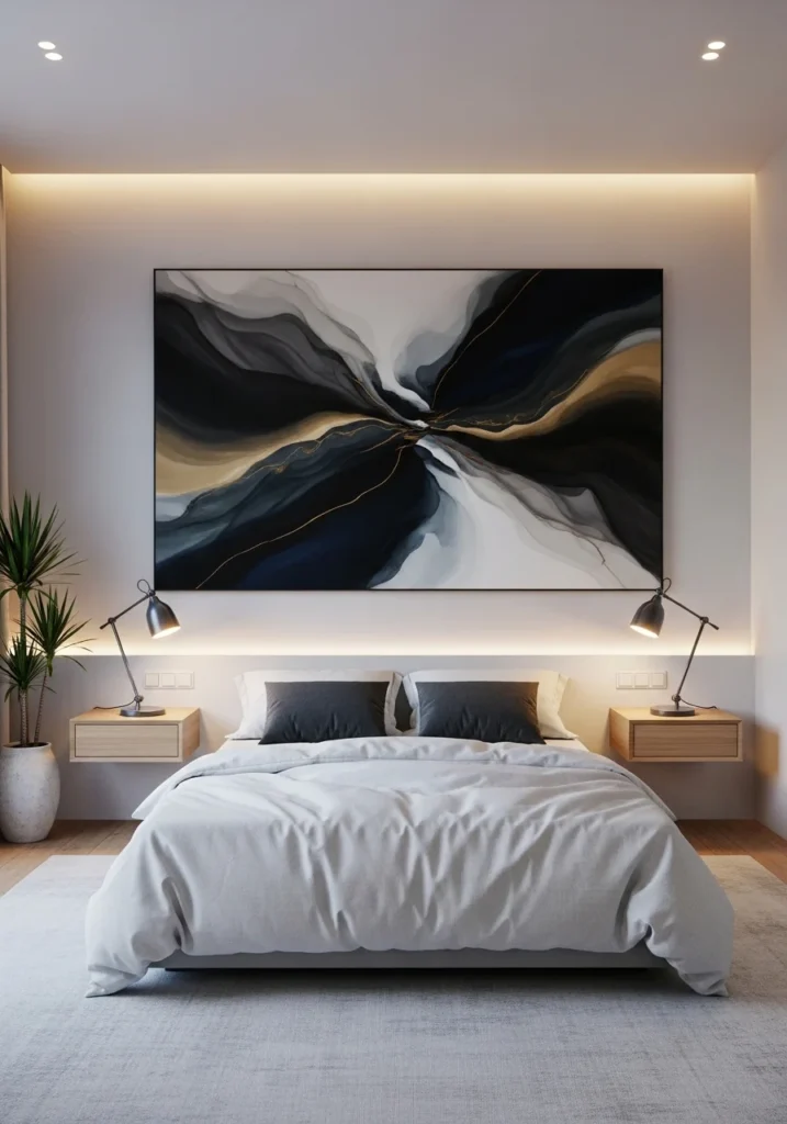 moody bedroom with large statement artwork wall decor