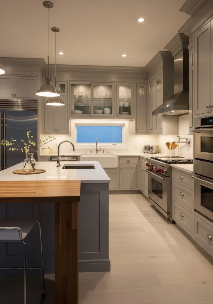 Kitchen with soft gray cabinets and wooden countertops.