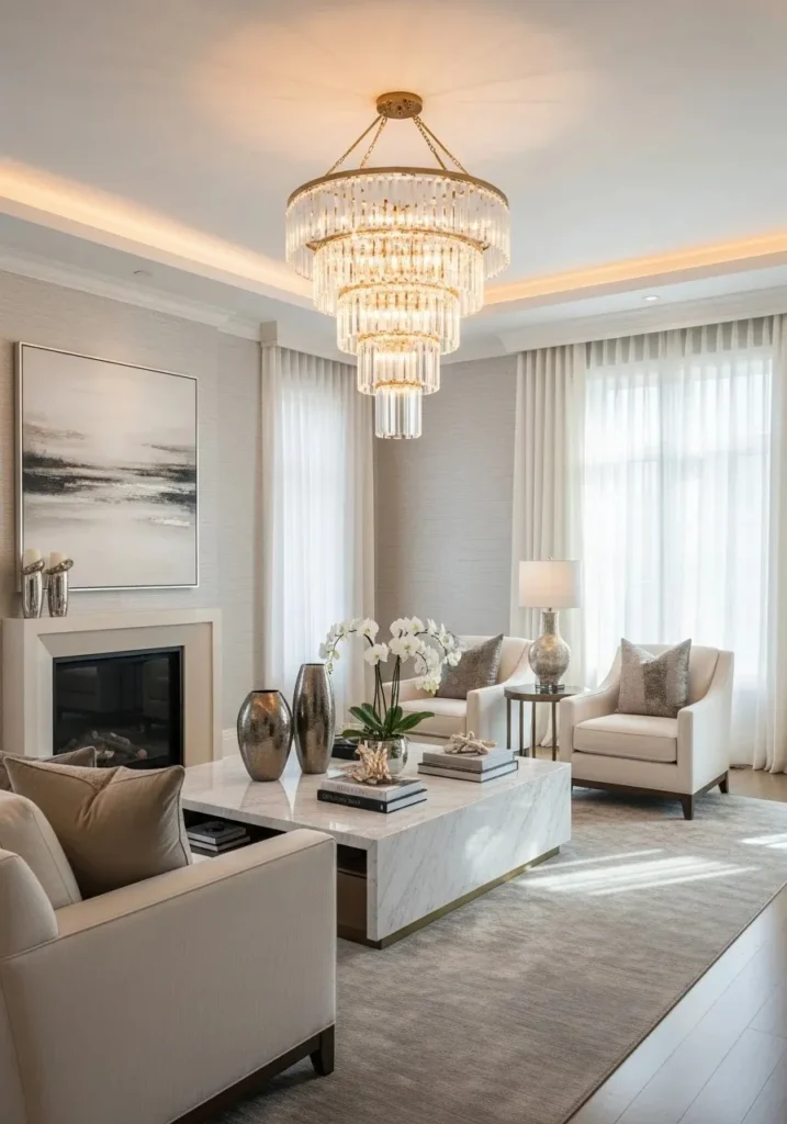 luxury living room with statement chandelier lighting fixture
