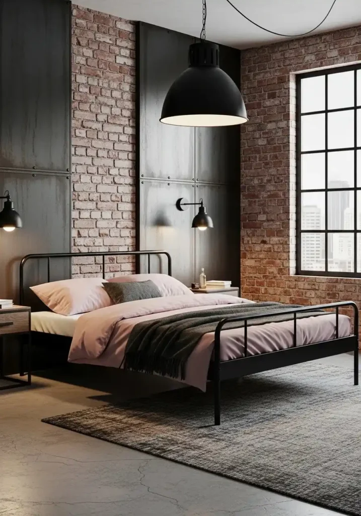 industrial style pink and black bedroom with metal elements