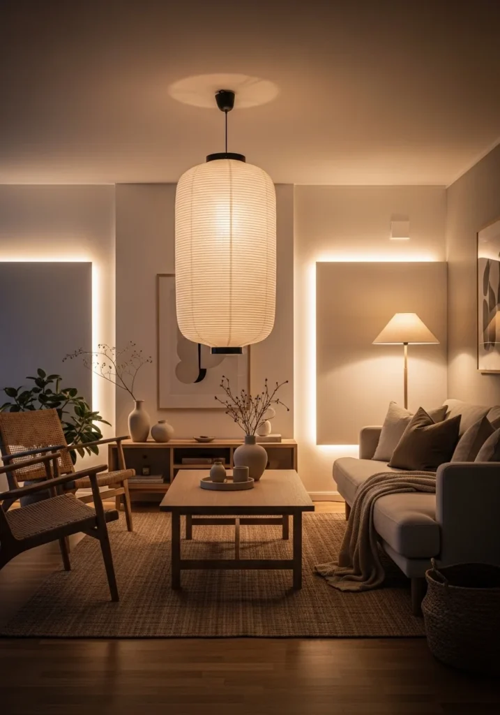 Japandi living room with soft warm ambient lighting