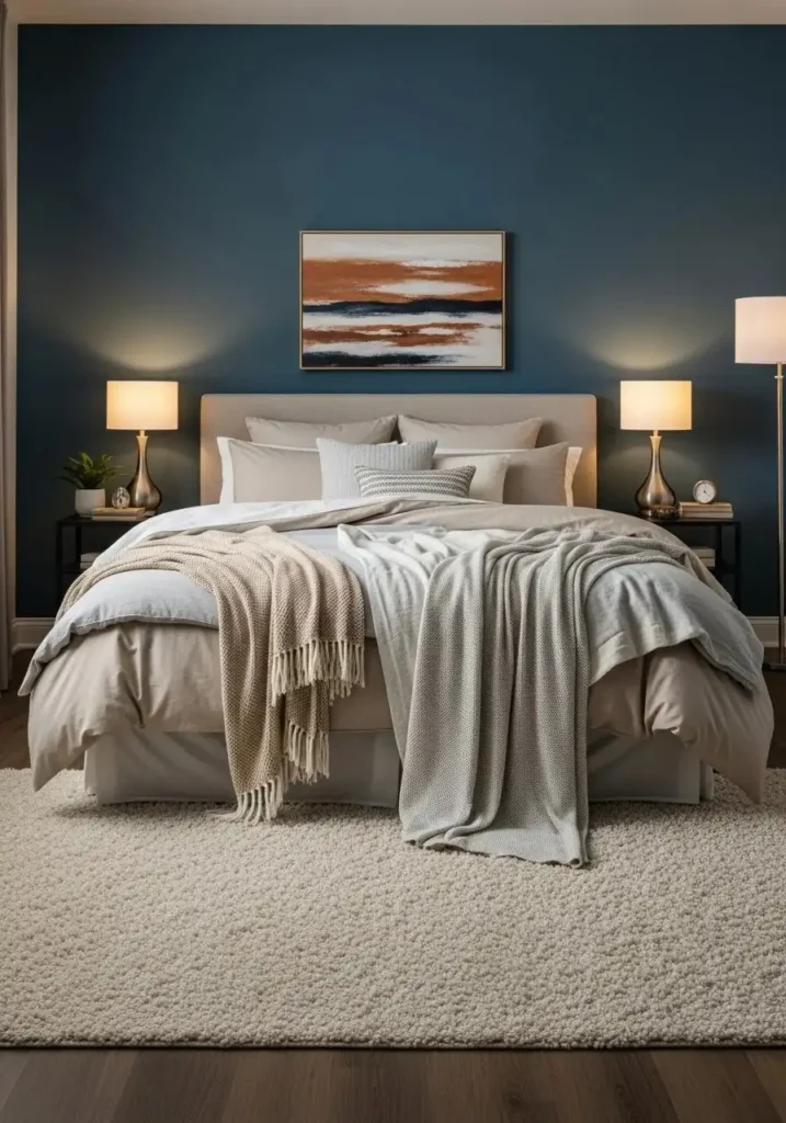 Blue bedroom with layered neutral tones and textures for a warm and balanced feel