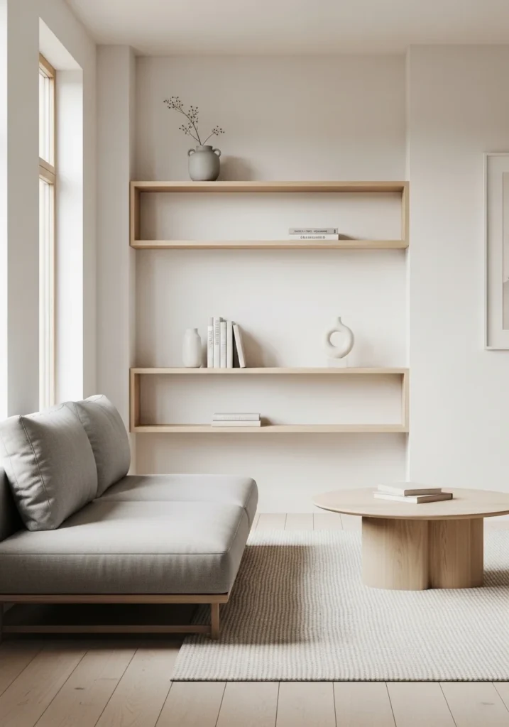 Minimalist built-in shelves in living room with clean and uncluttered design