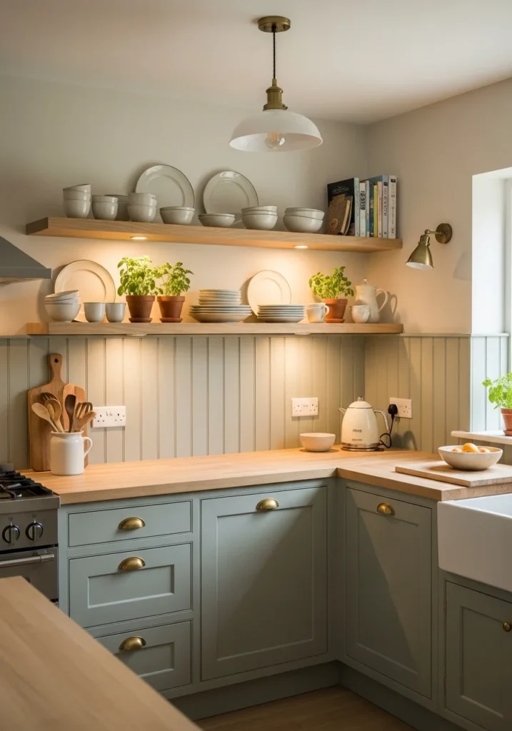 Sage green beadboard backsplash kitchen with warm and calming design