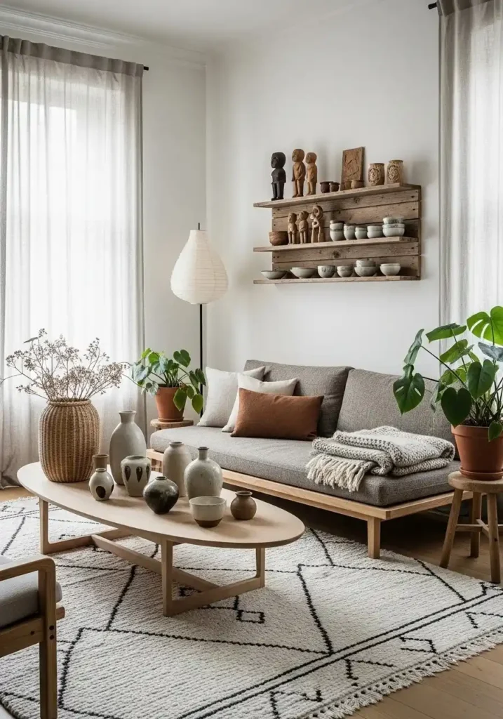 Japandi living room featuring handmade and artisan decor elements