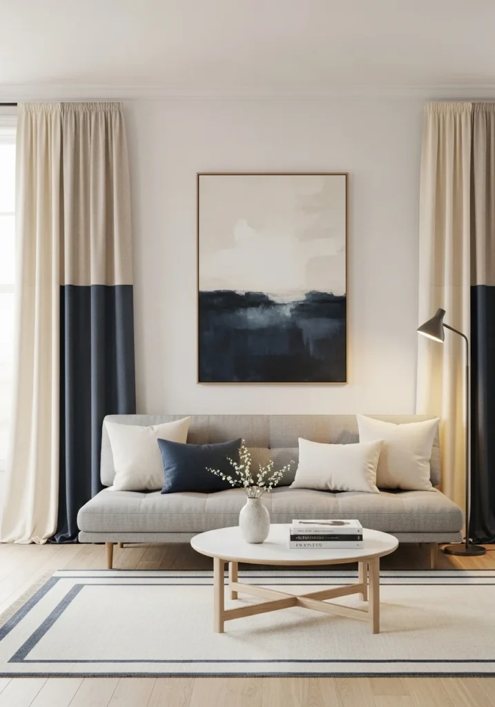 Color-blocked curtains in a modern living room adding visual interest and contemporary style.