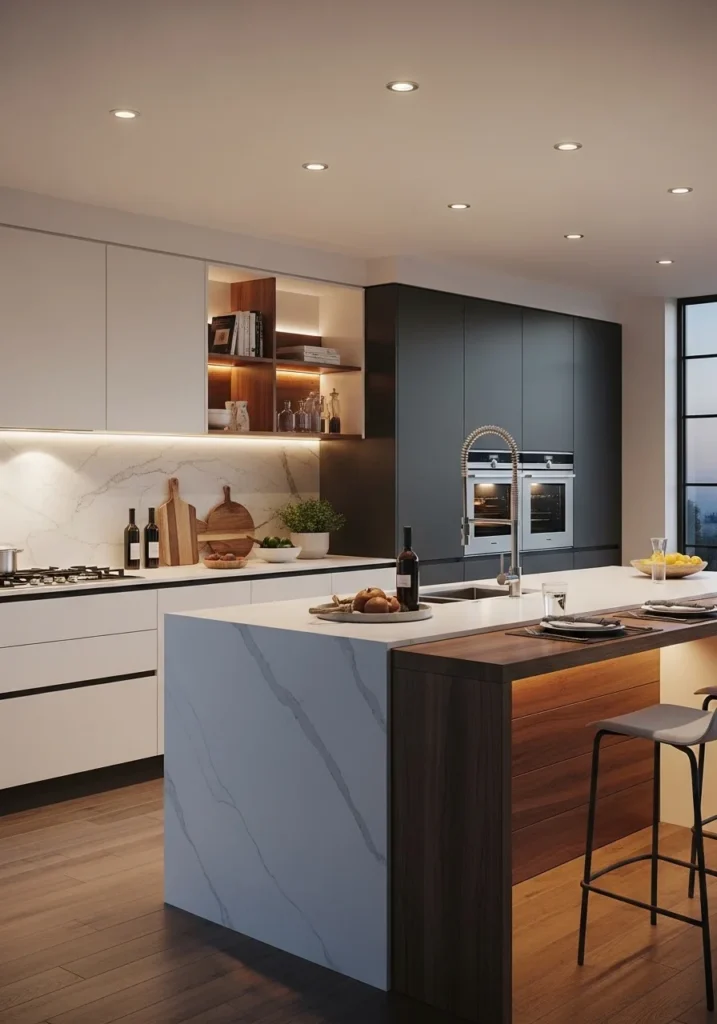 two tone waterfall island kitchen wood and white design