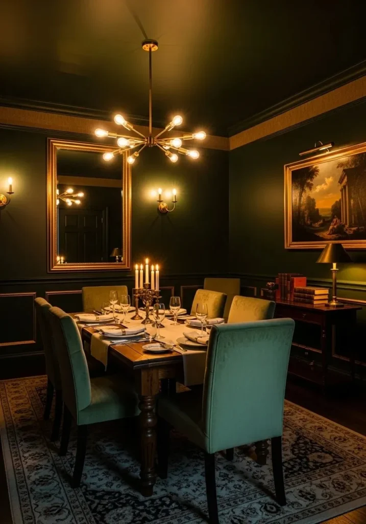 dark green dining room with dramatic cozy atmosphere