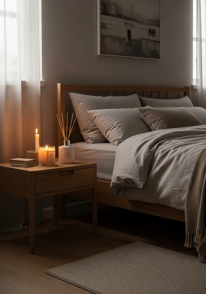 Full bedroom view candle diffuser calm relaxing atmosphere