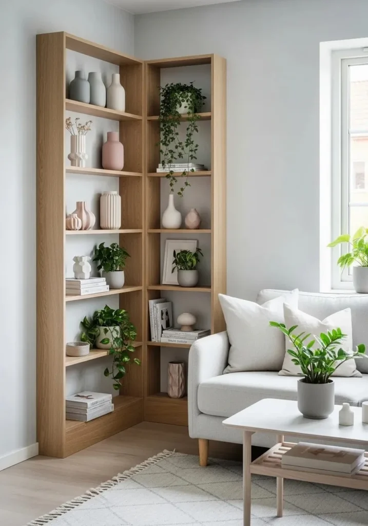 Corner built-in shelves in living room maximizing space with stylish storage
