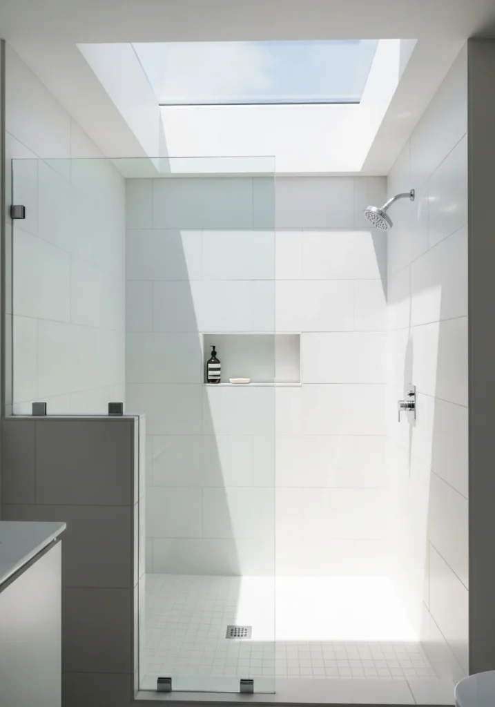 Small bathroom walk-in shower with skylight