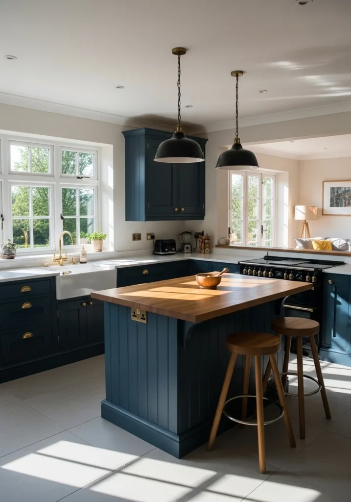 Bold navy U-shaped kitchen with warm wooden island and brass hardware.