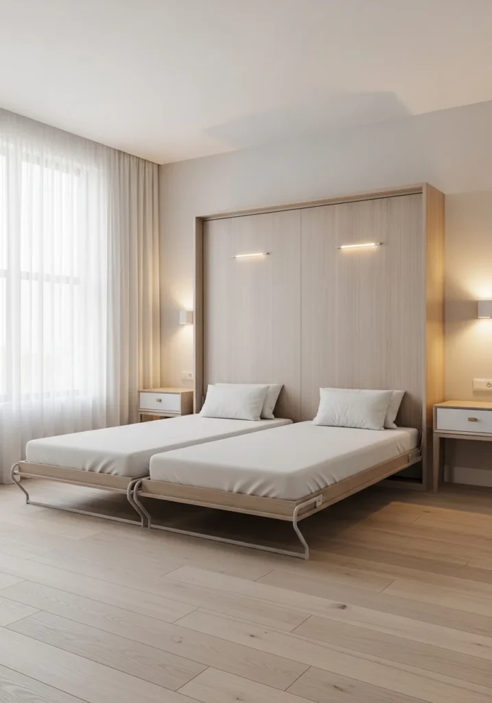 Double Murphy beds in a guest room for accommodating multiple visitors.