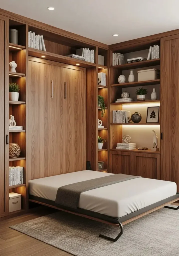 Murphy bed with built-in storage cabinets and shelves in a stylish small bedroom.