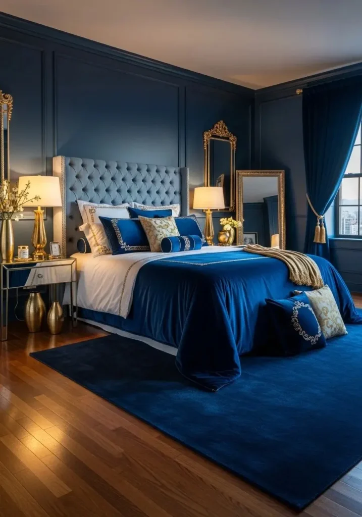 Blue and gold bedroom design with elegant accents and a luxurious atmosphere
