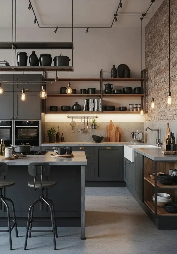 Industrial U-shaped kitchen with metal island and urban design elements.