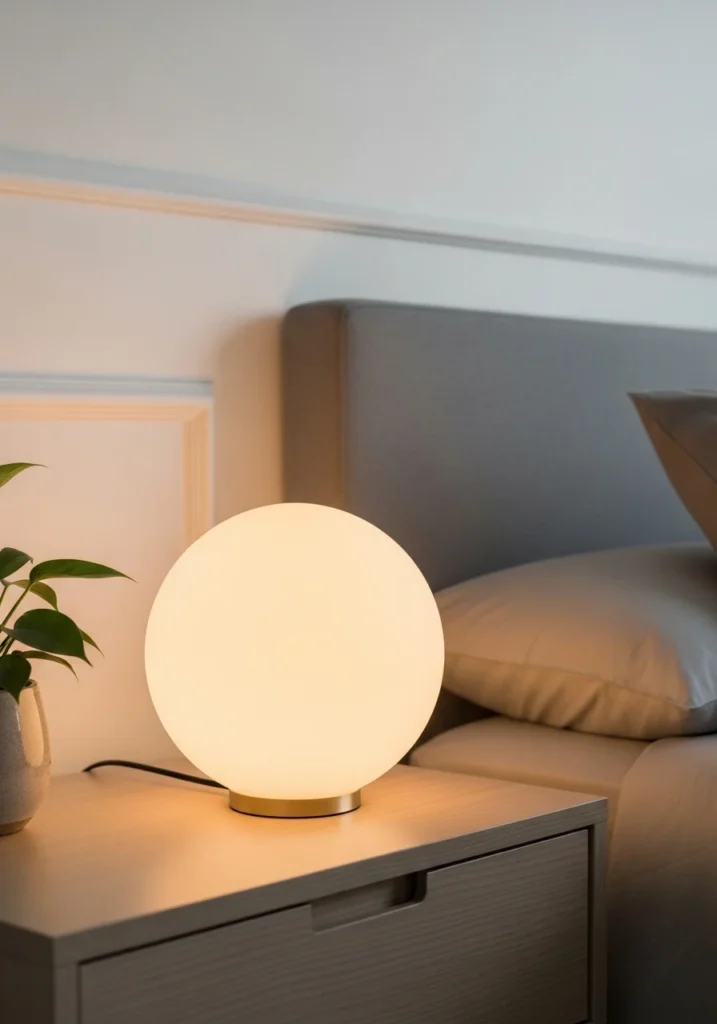Frosted glass globe lamp emitting soft light in minimalist bedroom