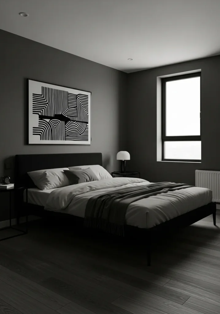 Dark gray bedroom with black furniture accents.