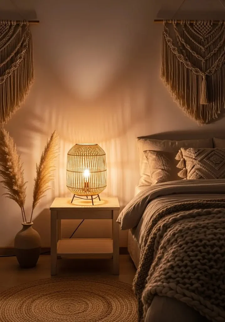 Cozy rattan woven table lamp creating warm glow in boho bedroom