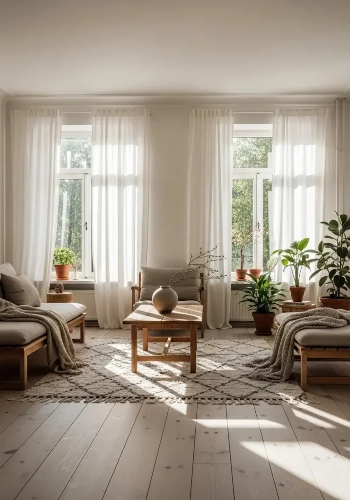 Japandi living room filled with natural light through large windows