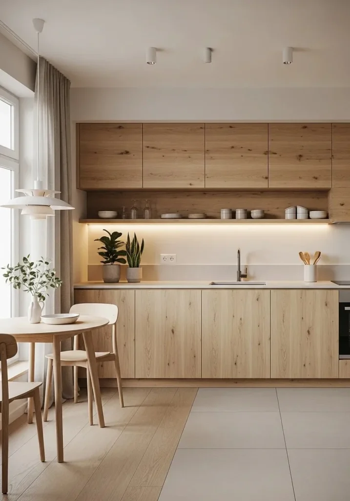 Japandi kitchen with natural wood cabinets adding warmth and organic texture.