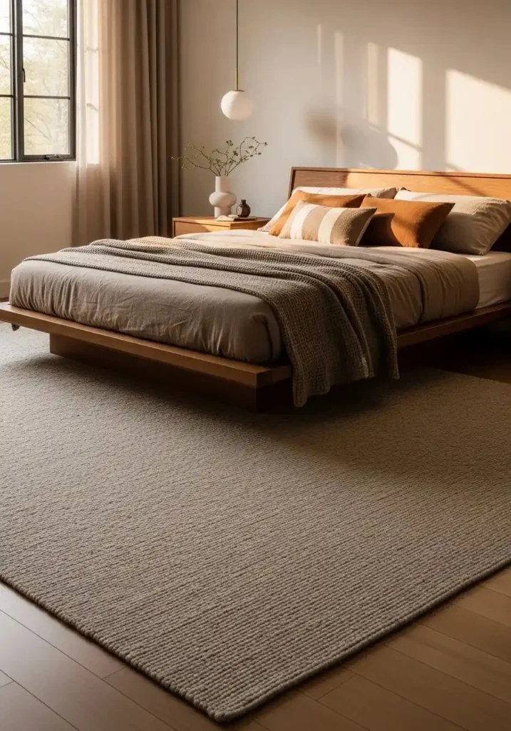 large area rug placed under master bedroom bed