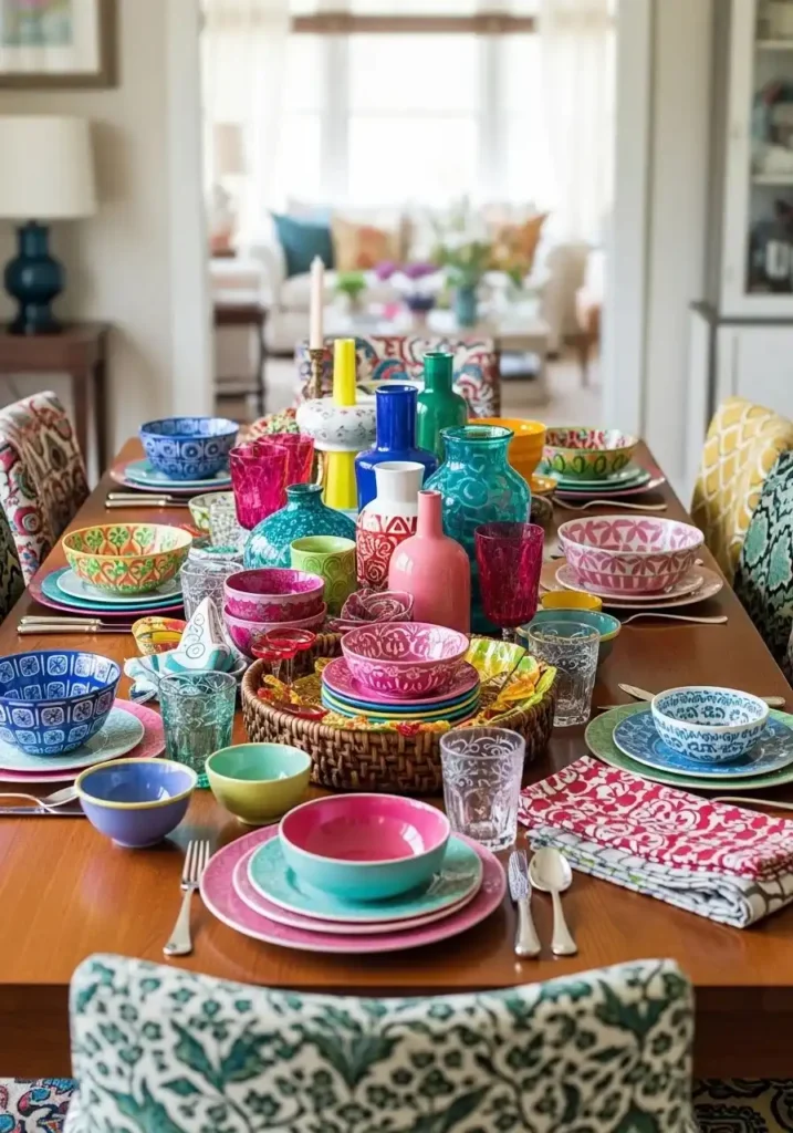 Dining table with mix-and-match colorful dinnerware and decor accessories.