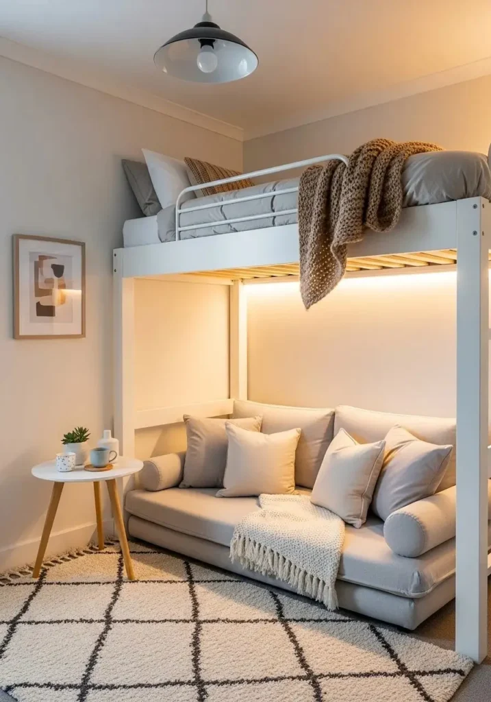 Loft bed with a small sofa underneath for relaxing or seating.