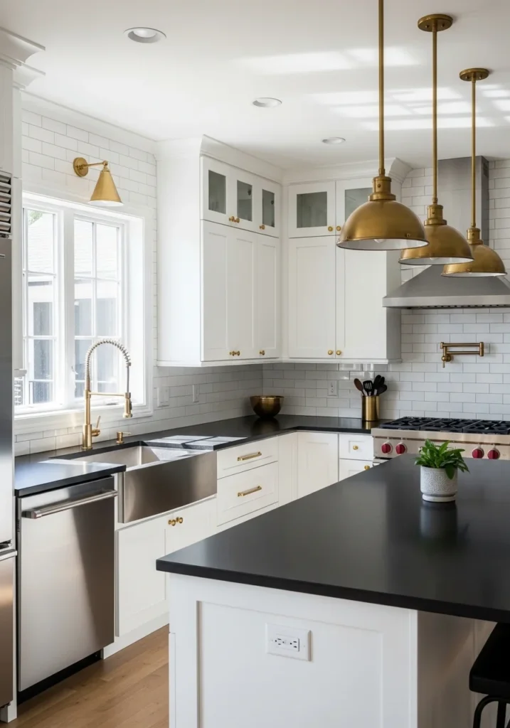 White kitchen cabinets paired with sleek black countertops.