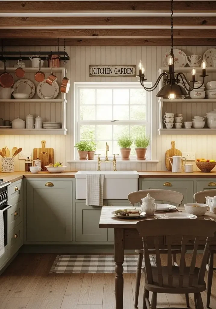 Cream beadboard backsplash in cozy cottage style kitchen design