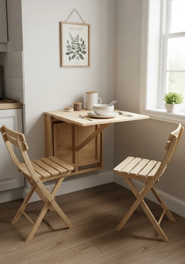 Fold-down table or breakfast bar adds surface space without crowding small kitchens.