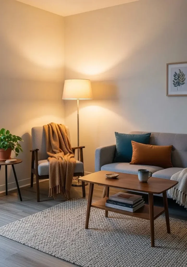 Small living room with cozy reading chair and floor lamp.