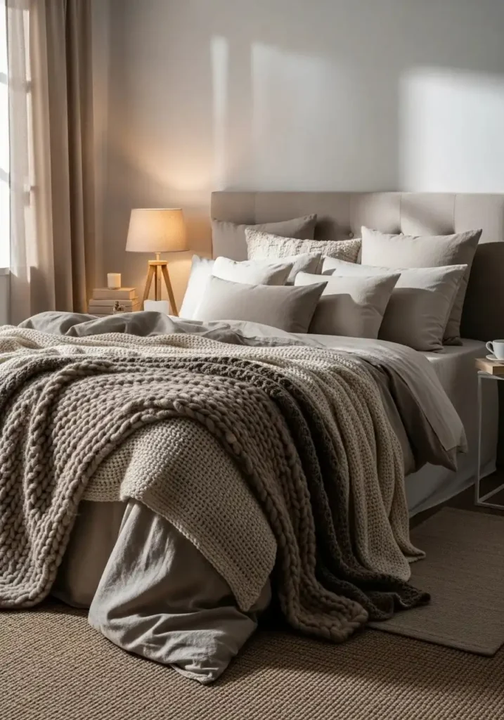 Full bedroom view layered bedding cozy soft inviting look