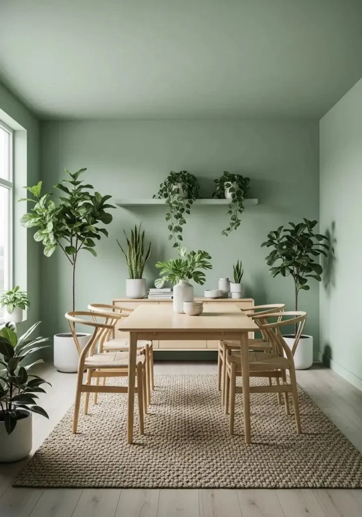 Soft sage green color drenched dining room with natural decor.