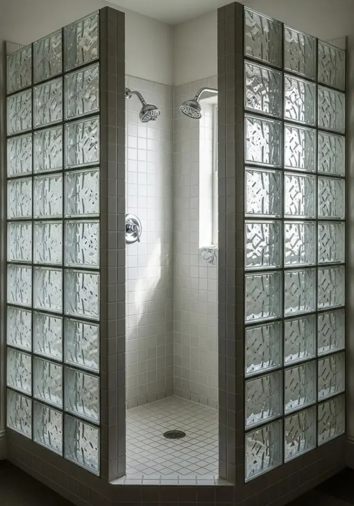 Glass block shower walls creating privacy while brightening a small bathroom