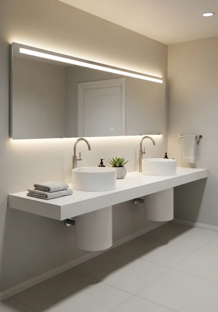 Double sink with vessel basins and tall faucets as a focal point.