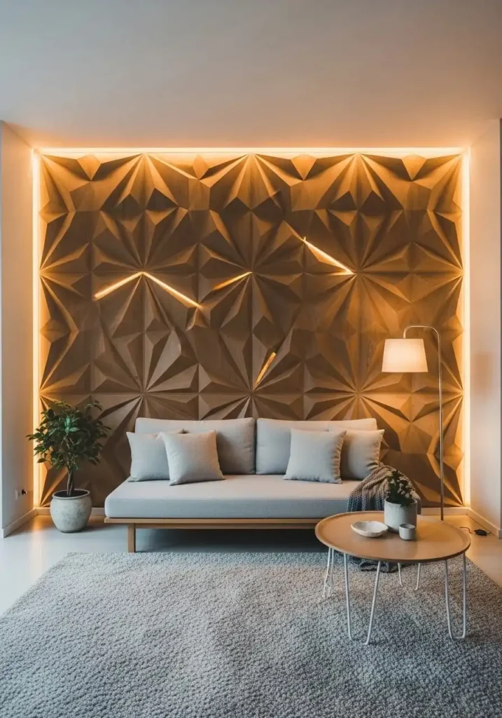 Textured wood wall panels creating depth in a cozy living room.