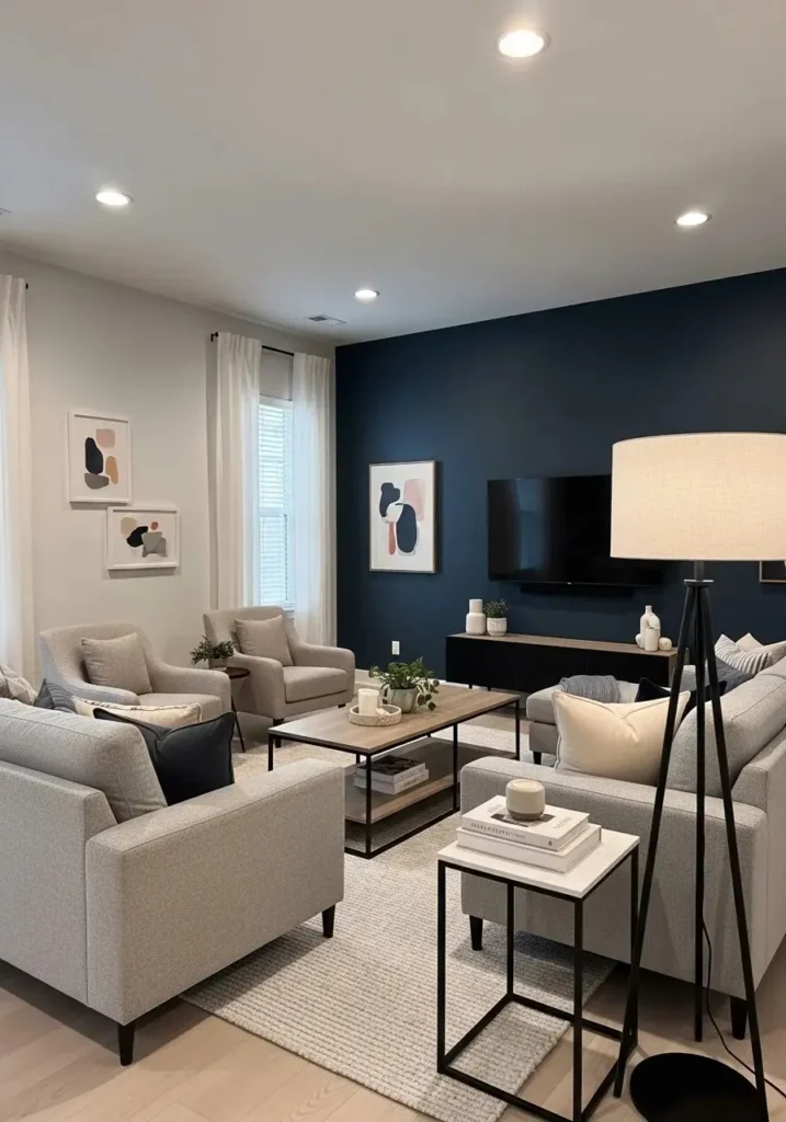 Living room with dark navy painted TV accent wall.