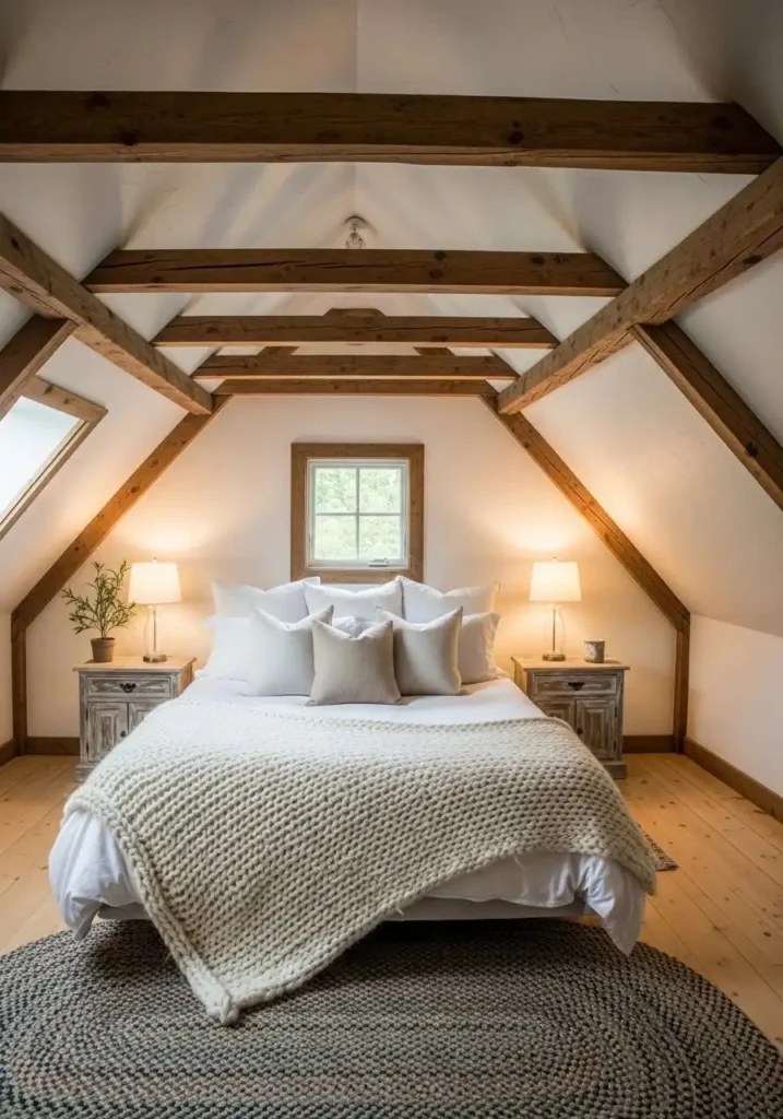 Attic bedroom with exposed wood beams