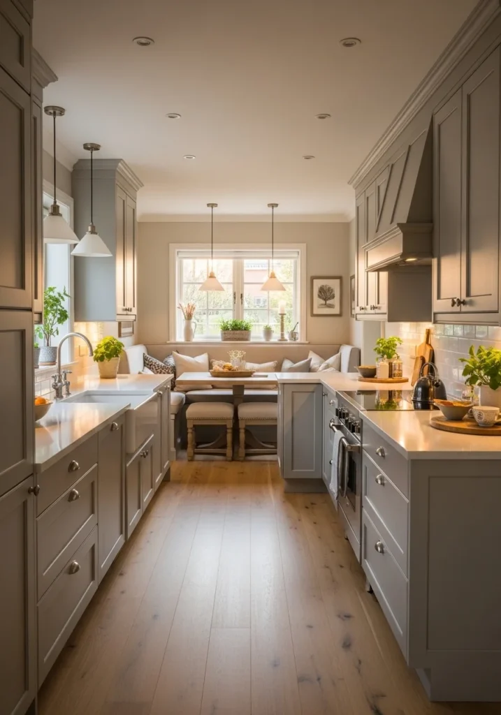 Long kitchen with L-shaped extension and breakfast nook, maximizing prep and seating space