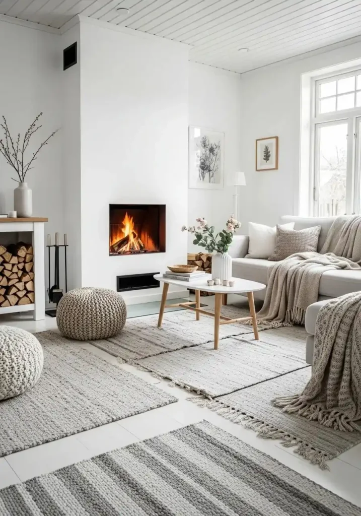 Scandinavian-inspired living room with a minimalist fireplace, light wood furniture, and cozy textures.