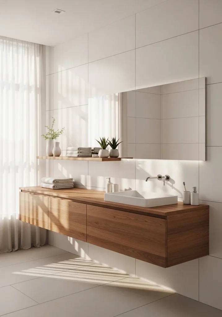 bathroom with warm wooden accents and white tiles