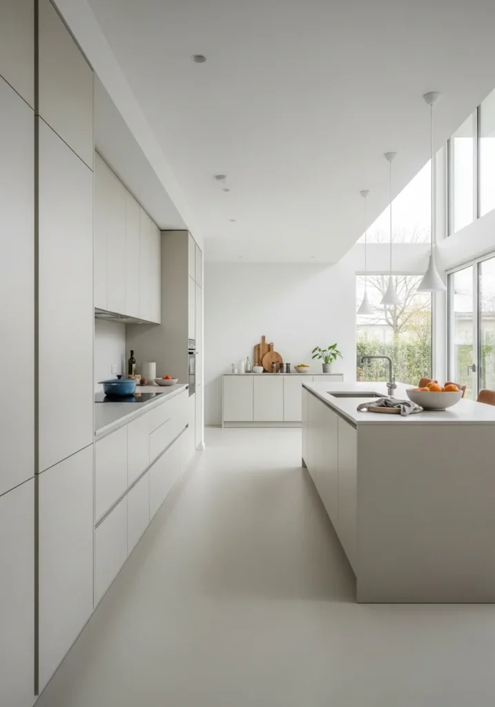 Long kitchen with minimal furniture and open floor plan creating a spacious feel.