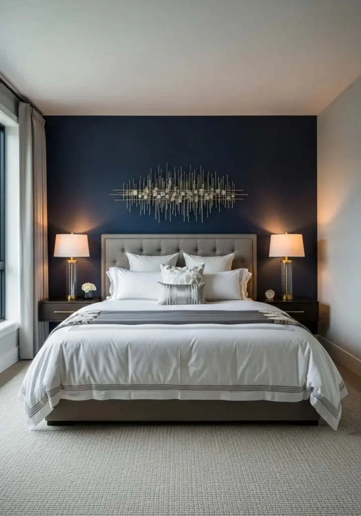 master bedroom with dark accent wall behind bed