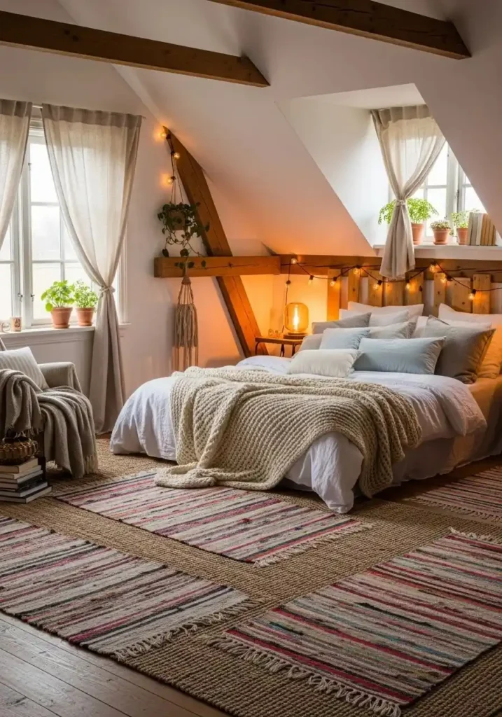 Cozy attic bedroom with layered textures