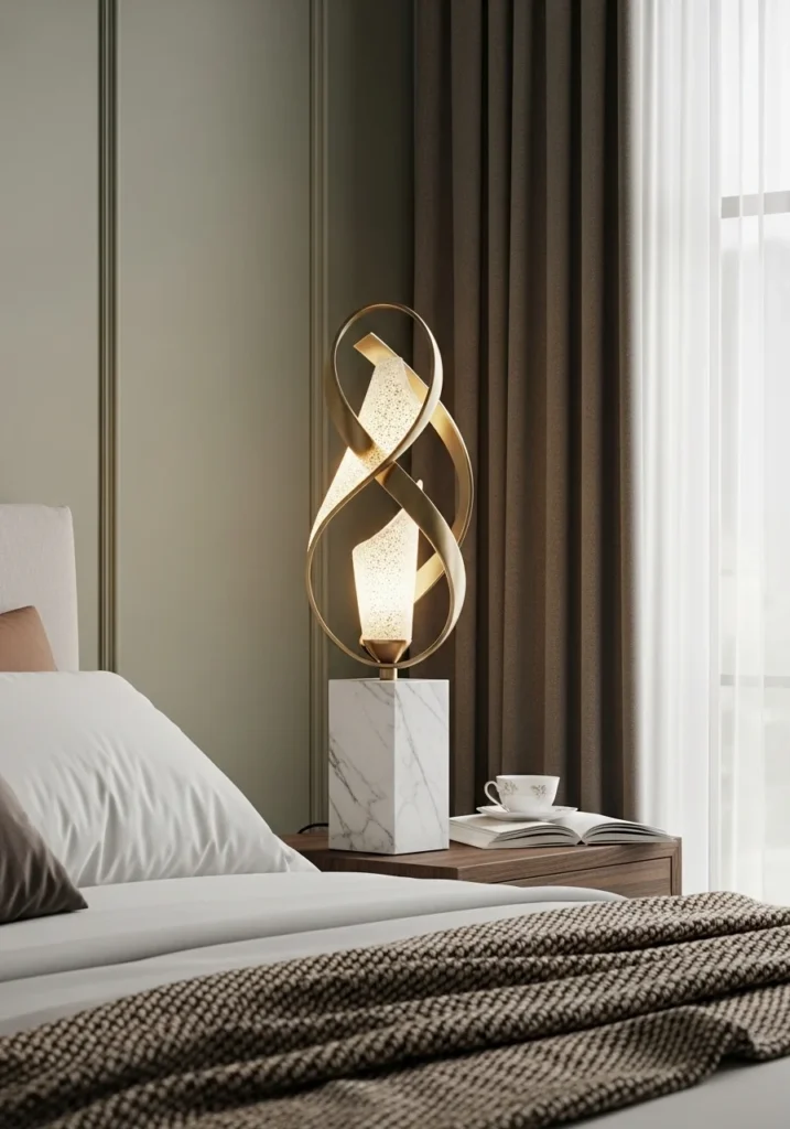 Sculptural bedside lamp with marble base in stylish bedroom