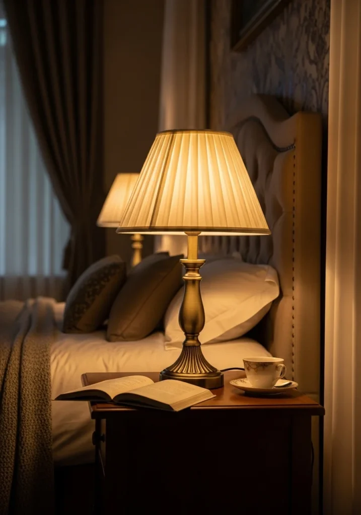 Vintage brass table lamp with pleated shade in romantic bedroom