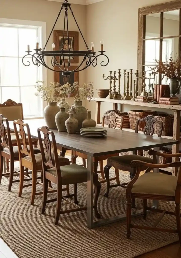 Dining room decor mixing modern and vintage furniture styles