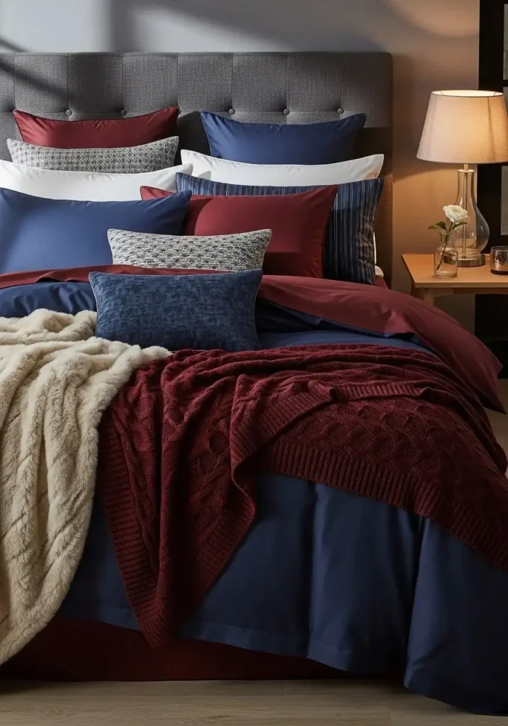 layered dark bedding cozy moody bedroom textures