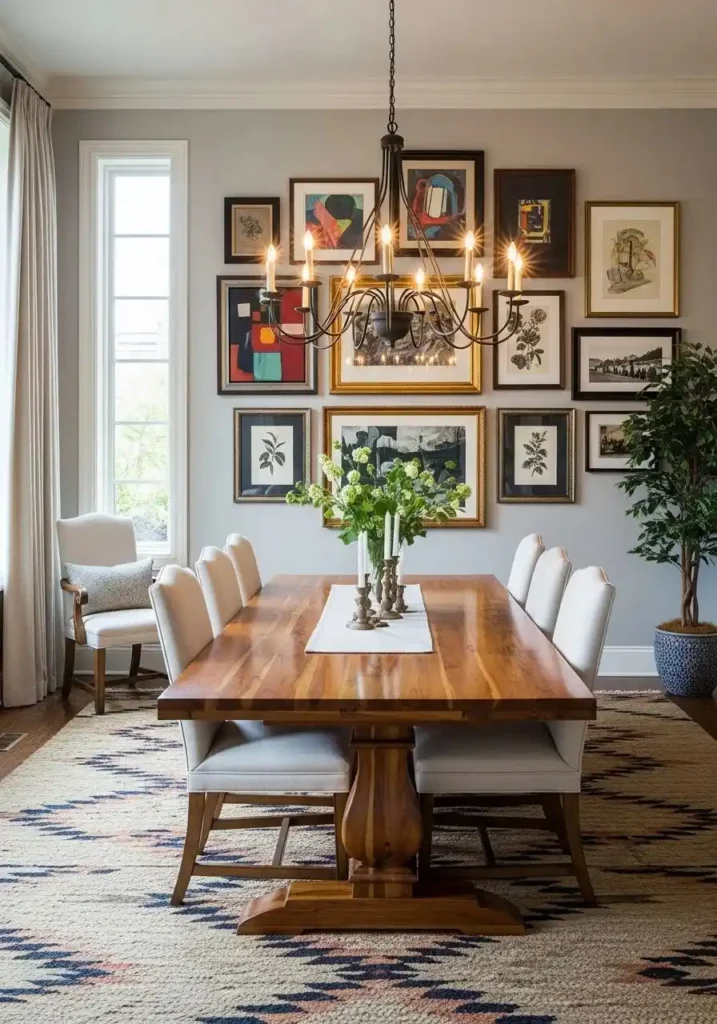 Dining room wall decor with gallery art display above dining table